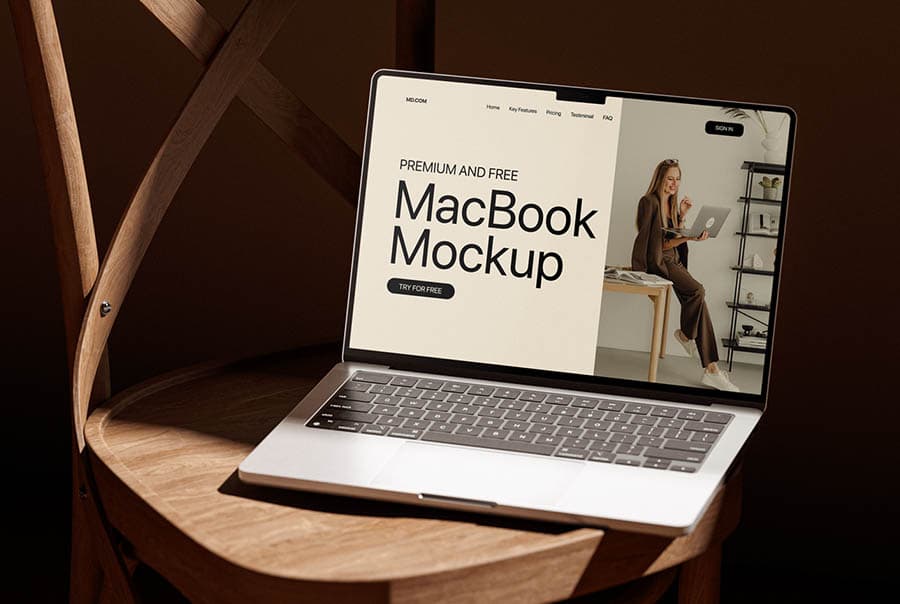 Wooden chair MacBook mockup