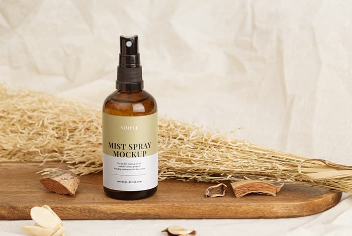 Mist spray bottle on wooden tray mockup