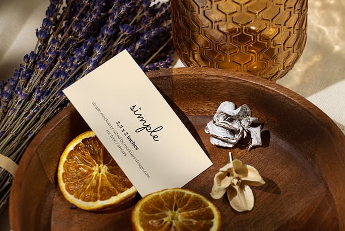 US business card in wooden bowl mockup
