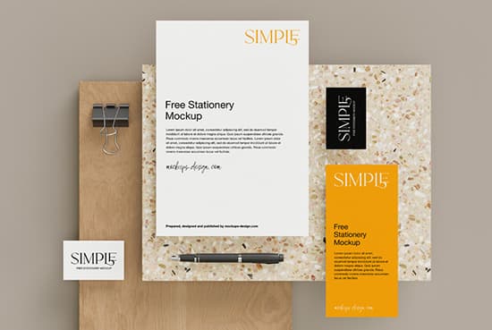 Stationery with wood and stone tiles mockup