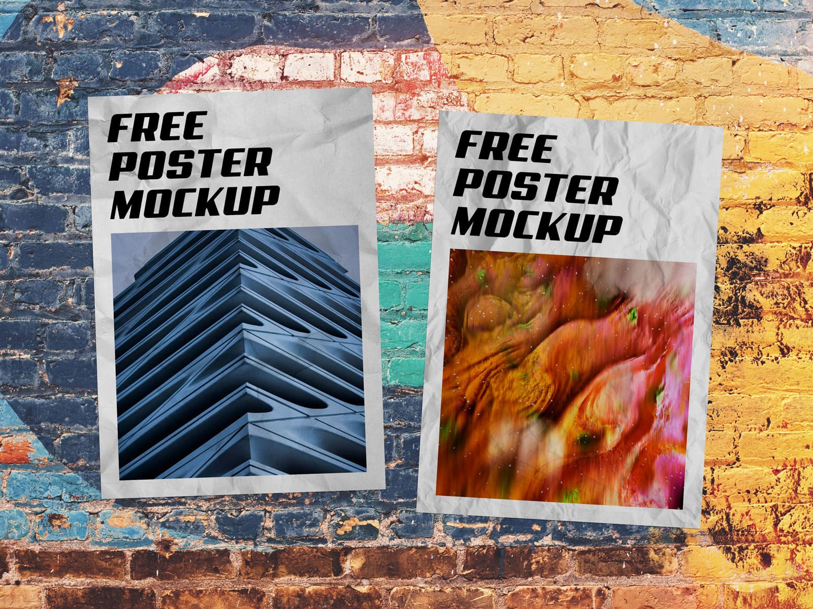Free crumpled poster on textured wall mockup