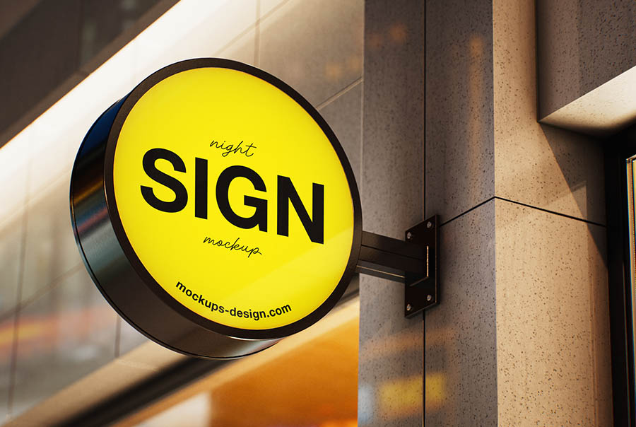 Night-lit round sign mockup
