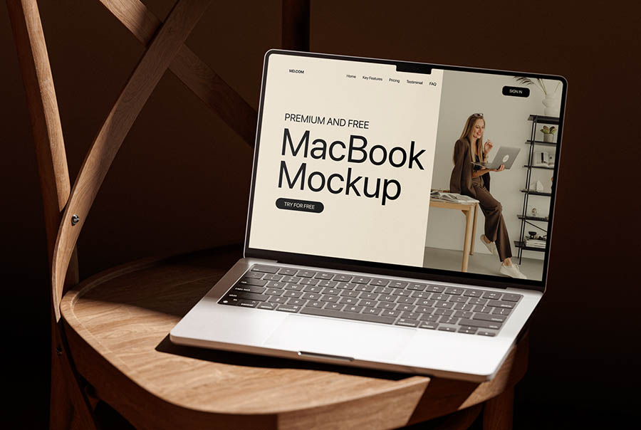 Wooden chair MacBook mockup