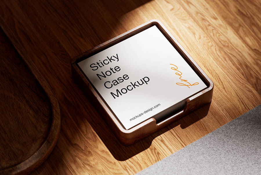 Wooden sticky note case mockup